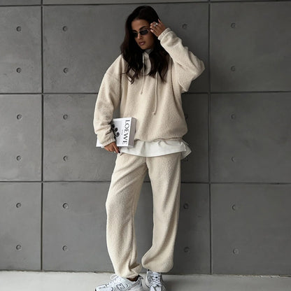 Ladies Comfortable Fleece Hoodie with Wide Pants Chic and Style