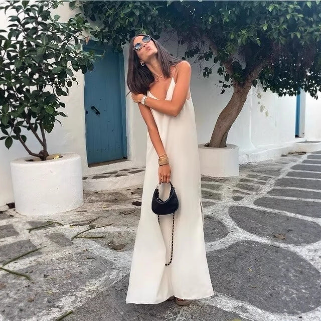 Robe maxi femme avec fente latérale et bretelles modernes Chic und Stil