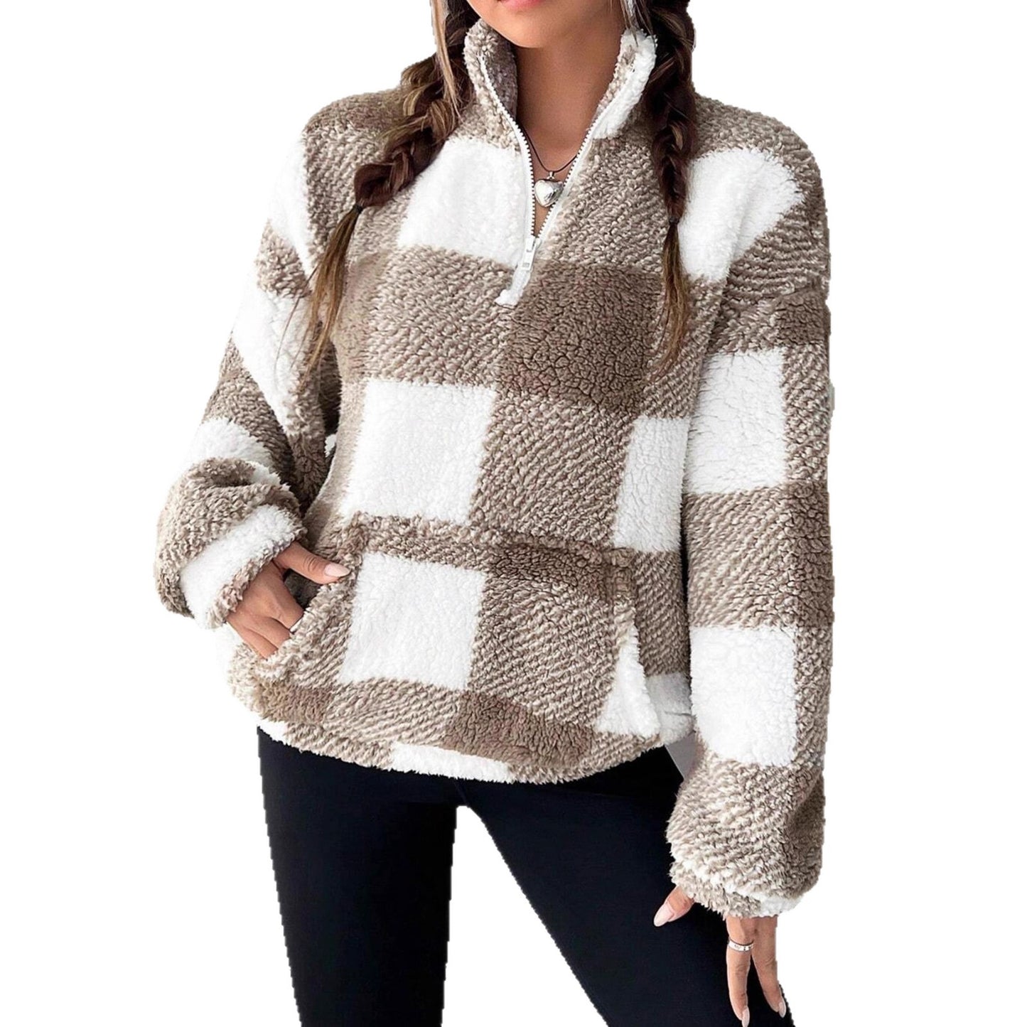 Dames Pull en tartan pelucheux avec demi-fermeture éclair Chic und Stil