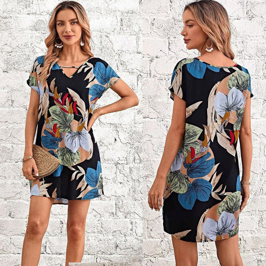 Dames Tropical Print Robe Mini Relaxed Chic und Stil