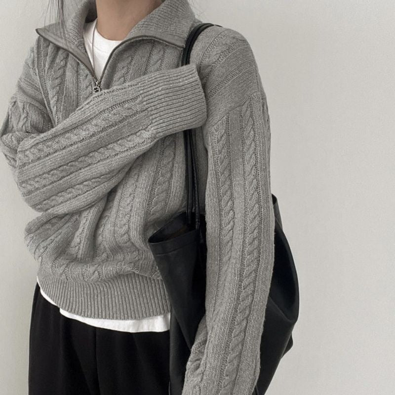 Pull en laine à tresses douillet pour femmes avec demi-fermeture éclair et larges poignets Chic und Stil
