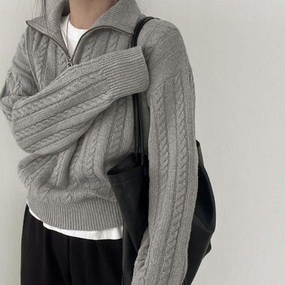 Pull en laine à tresses douillet pour femmes avec demi-fermeture éclair et larges poignets Chic und Stil