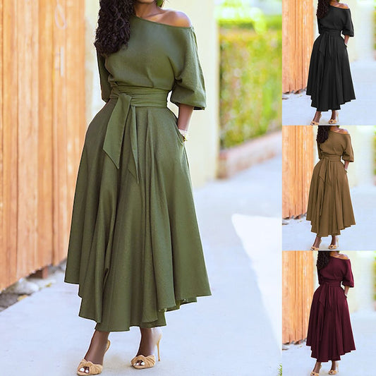 Robes midi élégantes pour femmes avec un design sans épaules et une ceinture à la taille Chic und Stil