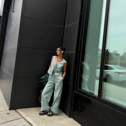 Wide striped pants for women with elastic waistband and tie belt Chic and Style