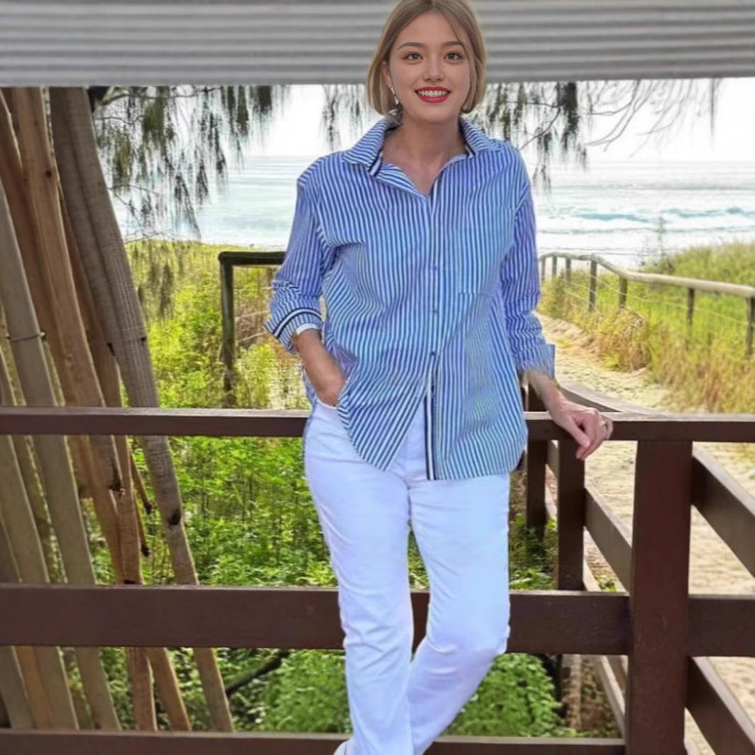 Blouse à manches longues rayée pour femmes avec patte de boutonnage cachée et coupe ample Chic und Stil