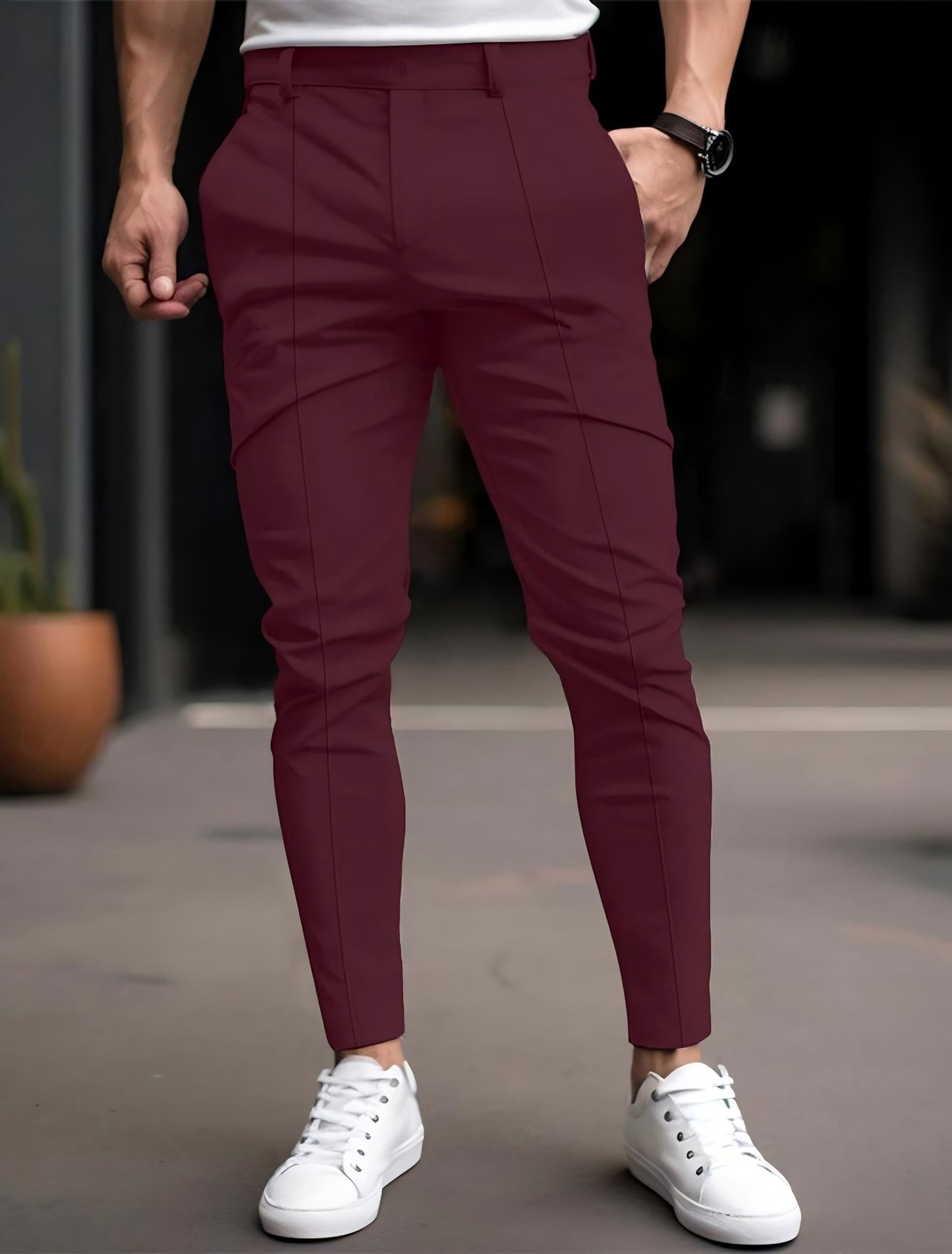 Pantalon chino slim-fit à la mode pour hommes avec taille élastique et poches polyvalentes Chic und Stil