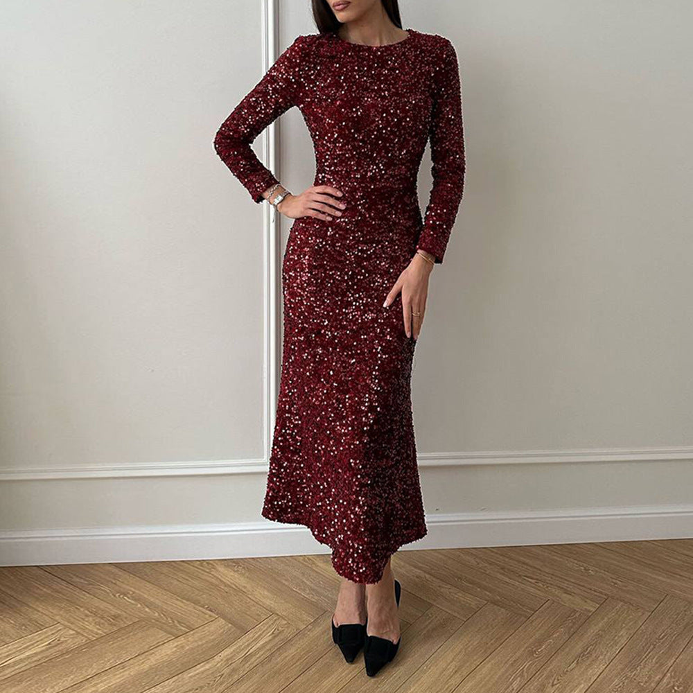 Robe de soirée scintillante pour dames avec manches longues et ourlet fluide Chic und Stil