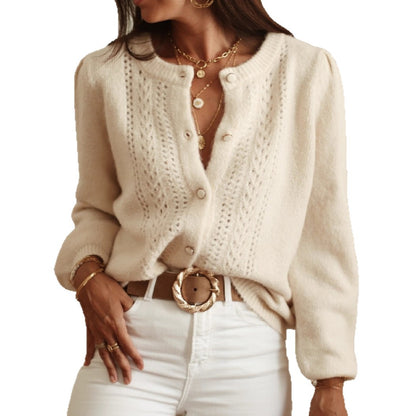 Veste en maille élégante pour femmes avec de fins motifs en losanges et des boutons en nacre Chic und Stil