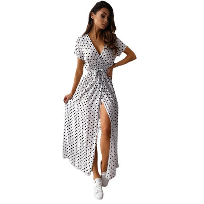 Robe maxi à pois pour femmes avec fente latérale et ceinture nouée Chic und Stil