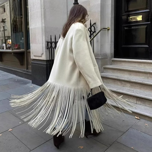 Dames élégante long manteau avec des détails frangés Chic und Stil