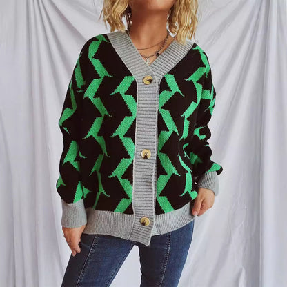 Dames gros tricot cardigan avec motif graphique et détails de boutons de haute qualité Chic und Stil