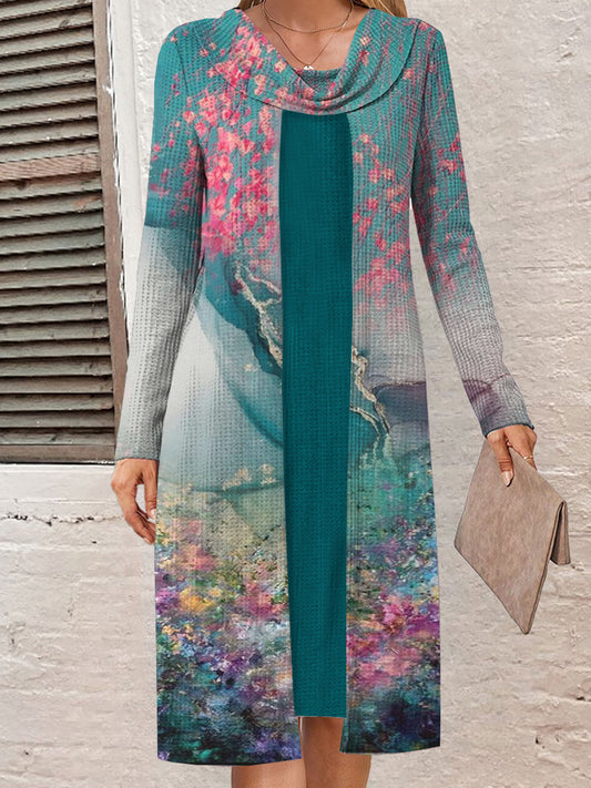 Robe longue à manches longues pour femmes avec un motif floral artistique Chic und Stil