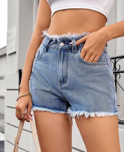 Women's High Waisted Denim Shorts with Frayed Hem Chic und Stil