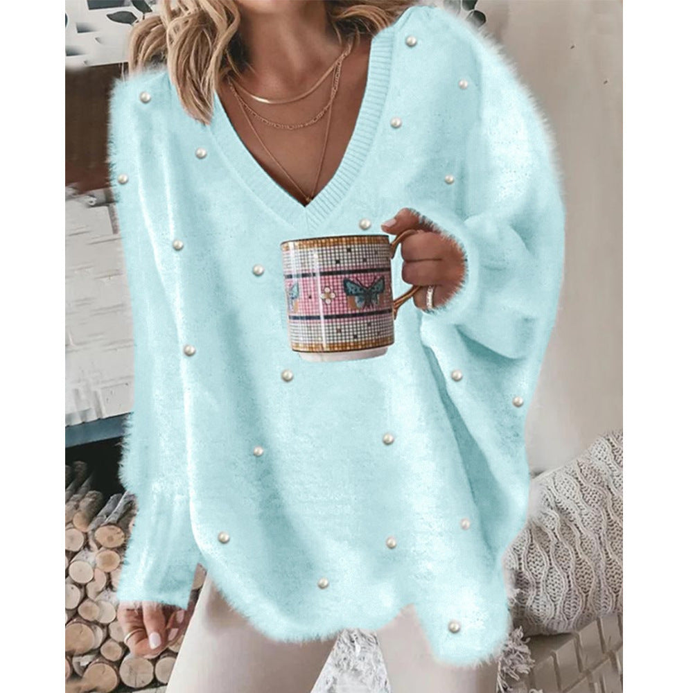 Pull femme oversize à col en V avec perles Chic und Stil