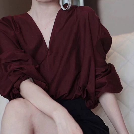 Blouse Élégante Femme à Col en V avec Manches Bouffantes Chic und Stil