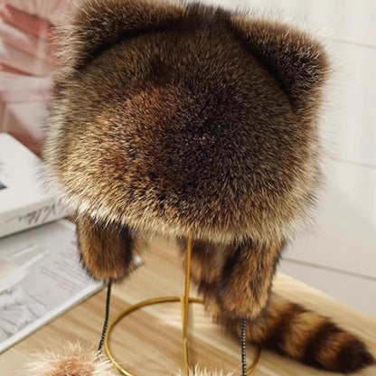 Dames Casquette en fourrure à la mode avec protection des oreilles et pompons Chic und Stil