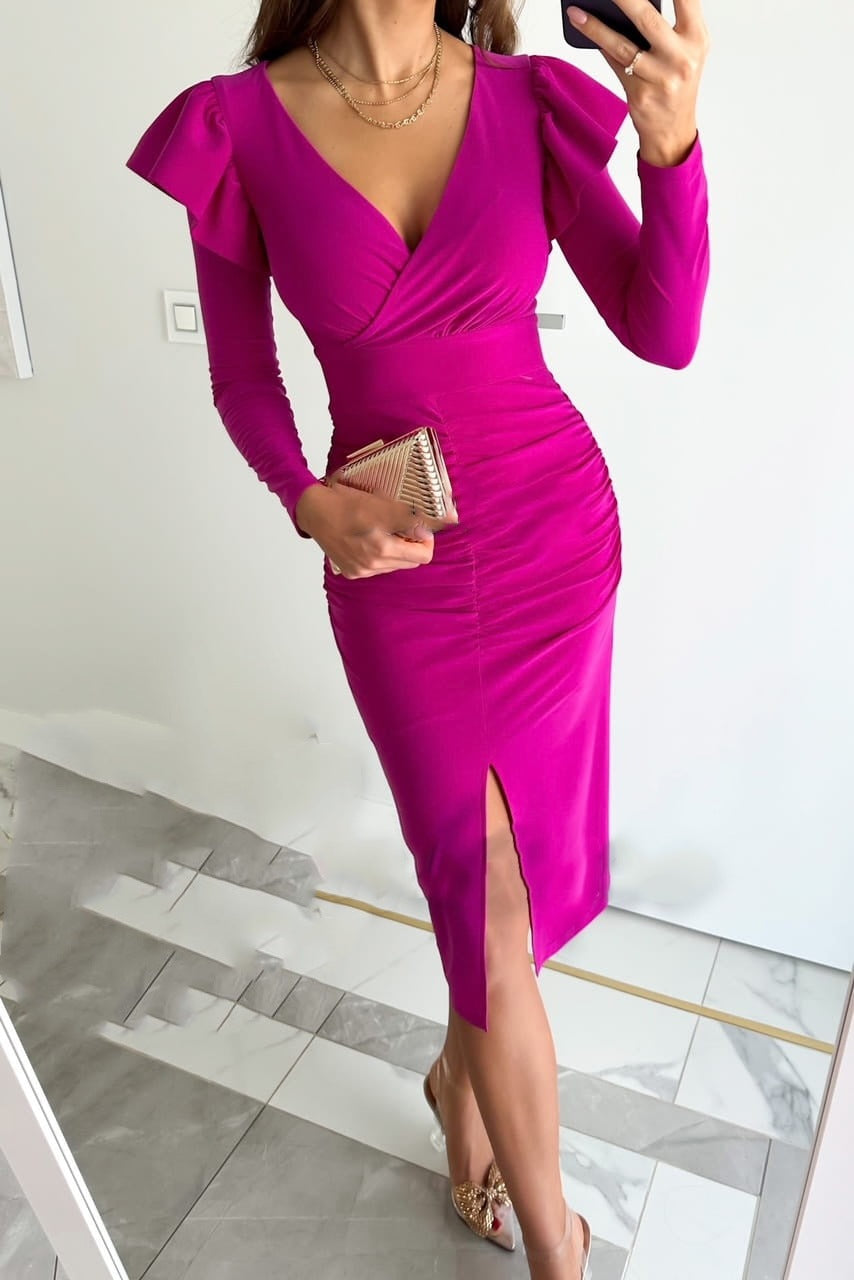 Elegant Women's Long Sleeve Ruffled Midi Dress with Slit Chic and Stylish