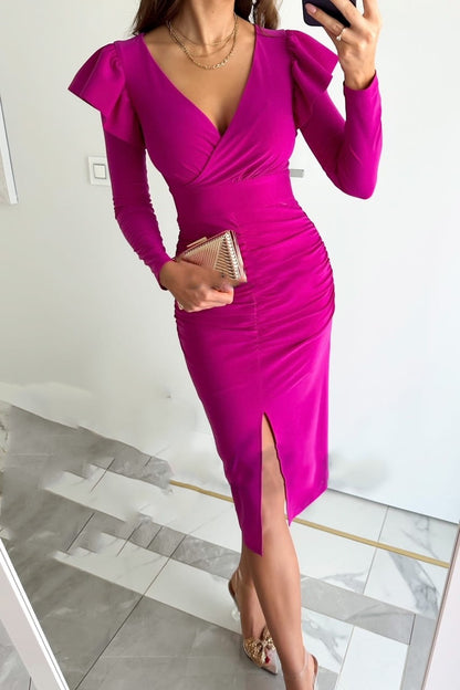 Elegant Women's Long Sleeve Ruffled Midi Dress with Slit Chic and Stylish