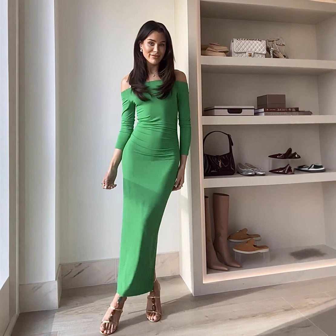 Dames élégante robe maxi à encolure dénudée et détails ruchés raffinés Chic und Stil