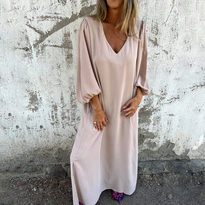 Femmes Robe Midi Élégante avec Décolleté en V et Manches Bouffantes Chic und Stil
