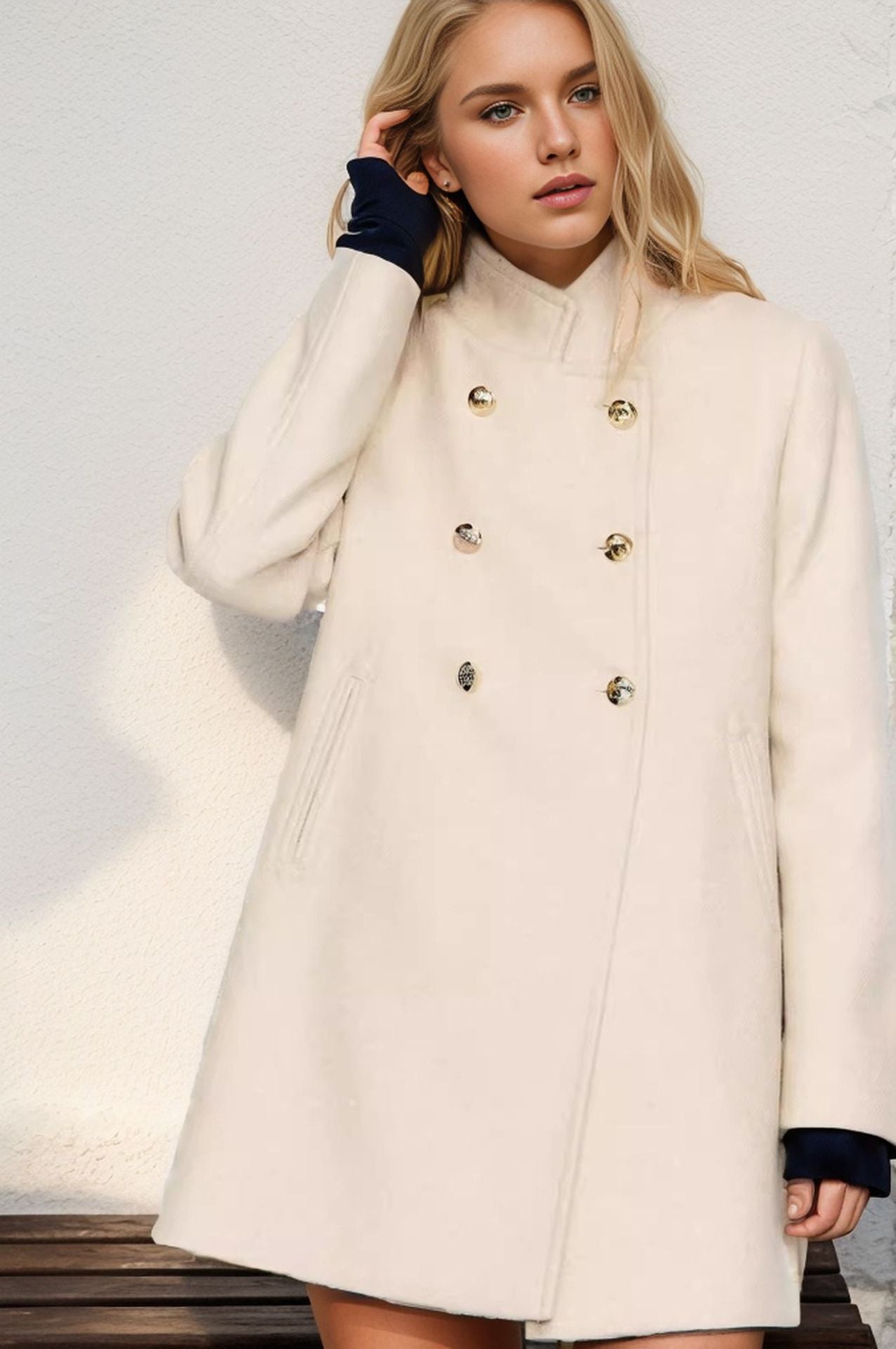 Fashionable short coat for women with double-breasted buttons and elegant high collar Chic und Stil