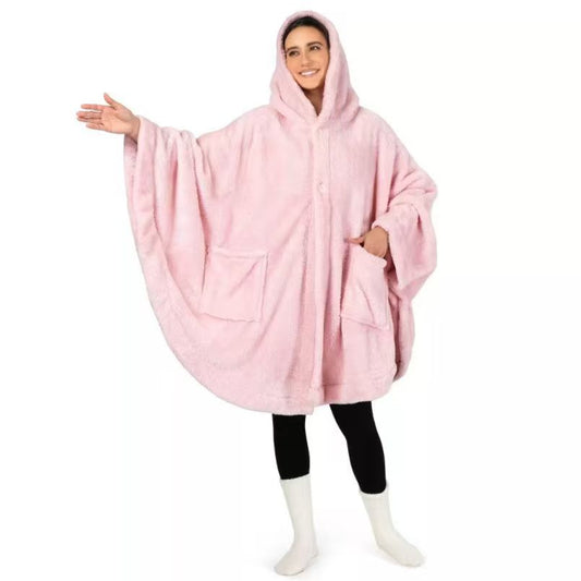 Ladies Comfortable Fleece Poncho with Hood and Practical Pockets Chic and Style