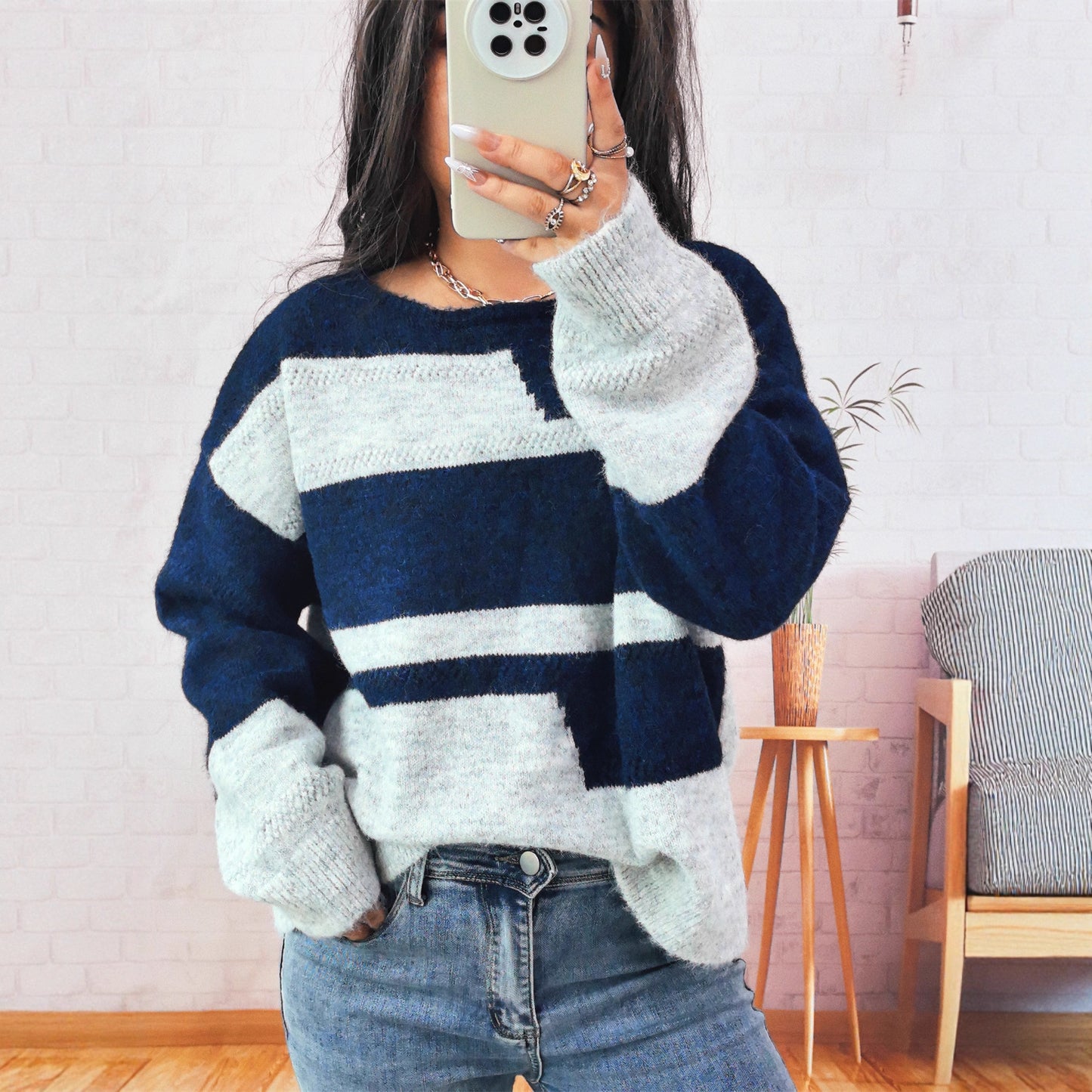 Pull en grosse maille pour femmes avec un motif rayé à la mode et une coupe ample Chic und Stil