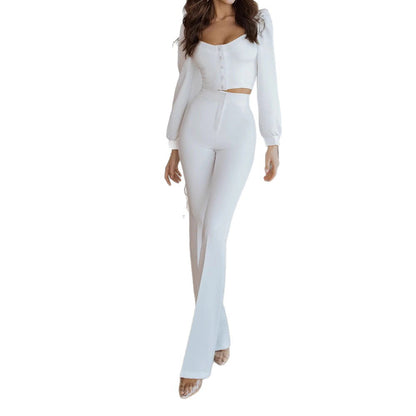 Women Elegant set with fitted top and wide leg pants Chic and Style