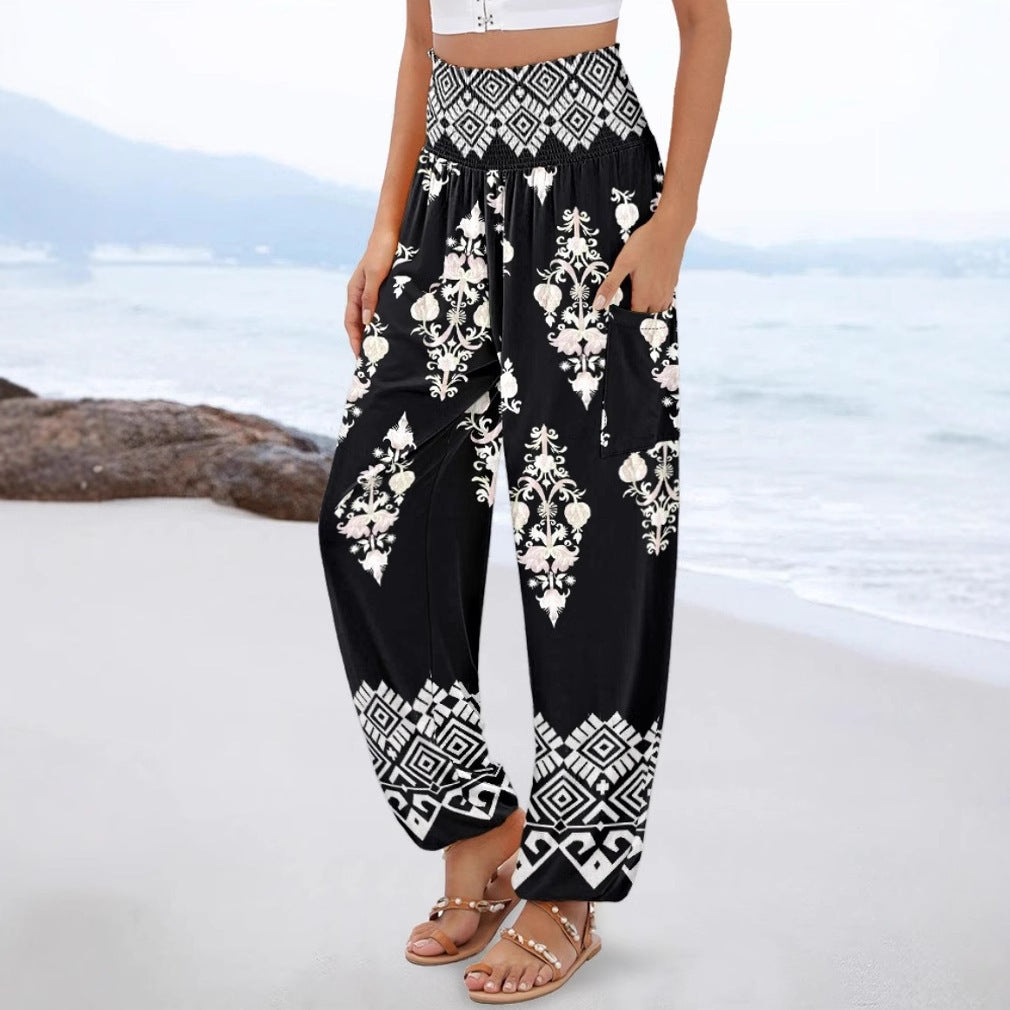 Wide Palazzo pants for women with colorful Paisley pattern and elastic waistband Chic und Stil
