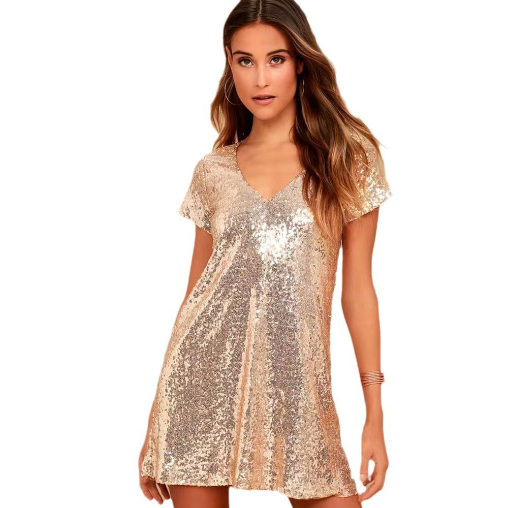 Robe à paillettes à manches courtes pour femmes avec décolleté en V Chic und Stil