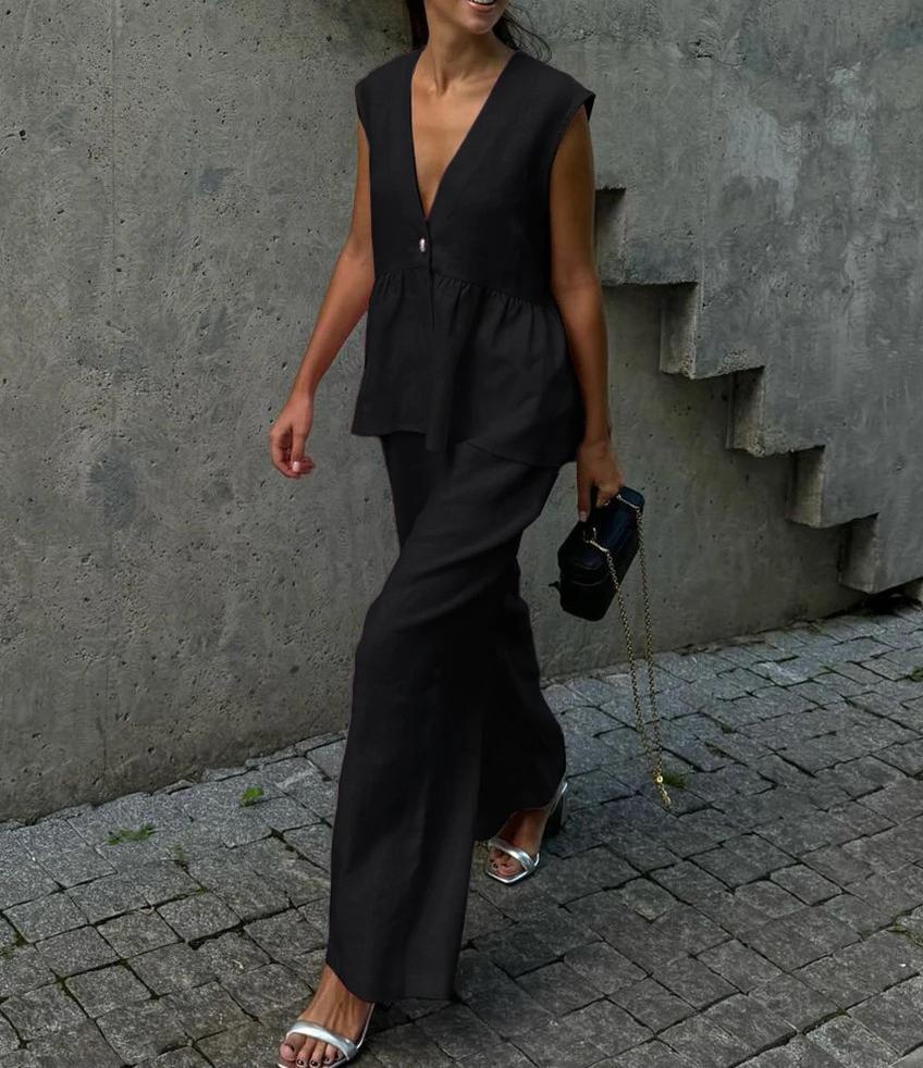 Dames Élégant Costume Pantalon en Lin Chic und Stil