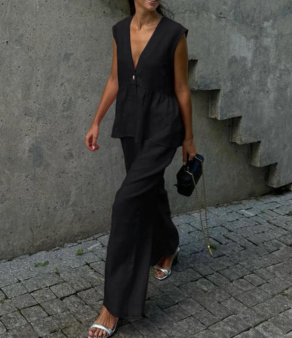 Dames Élégant Costume Pantalon en Lin Chic und Stil