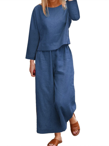 Chic and Style women's long sleeve linen casual set with wide pants