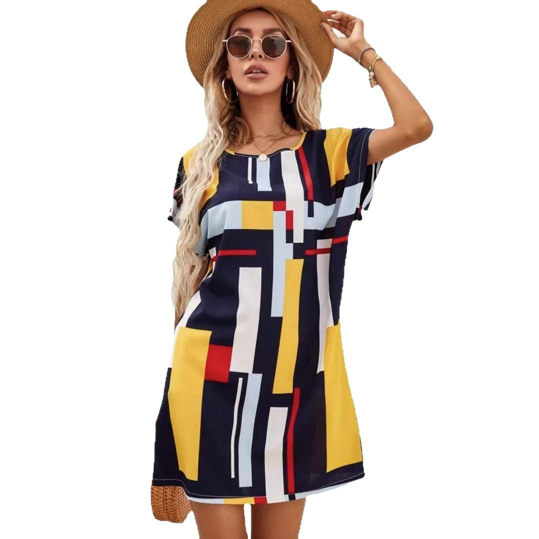 Dames Manches Courtes Imprimé Floral Tunique Robe Chic und Stil