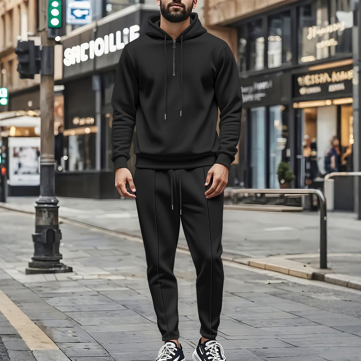 Men's sporty hoodie and jogging pants set in breathable material with chic and stylish accents