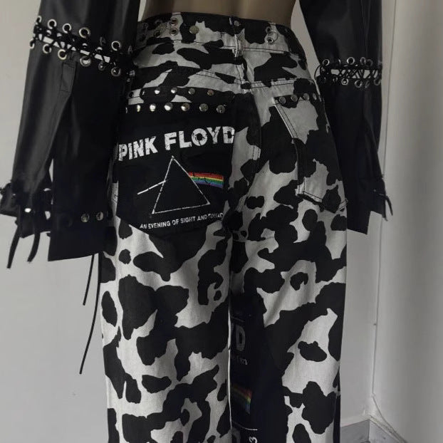 Dames Jeans larges à la mode avec imprimé vache accrocheur et détails de lacets Chic und Stil