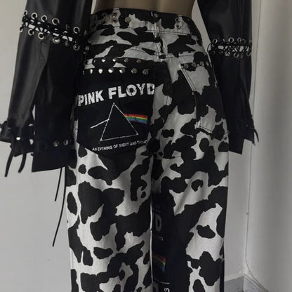 Dames Jeans larges à la mode avec imprimé vache accrocheur et détails de lacets Chic und Stil