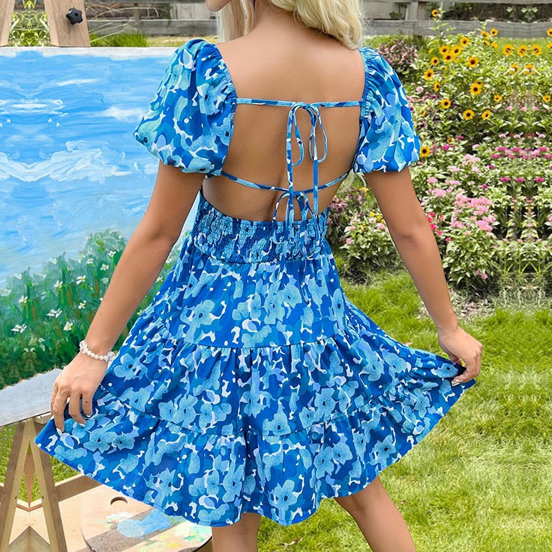Robe mini à volants imprimée florale pour femmes avec manches bouffantes Chic und Stil
