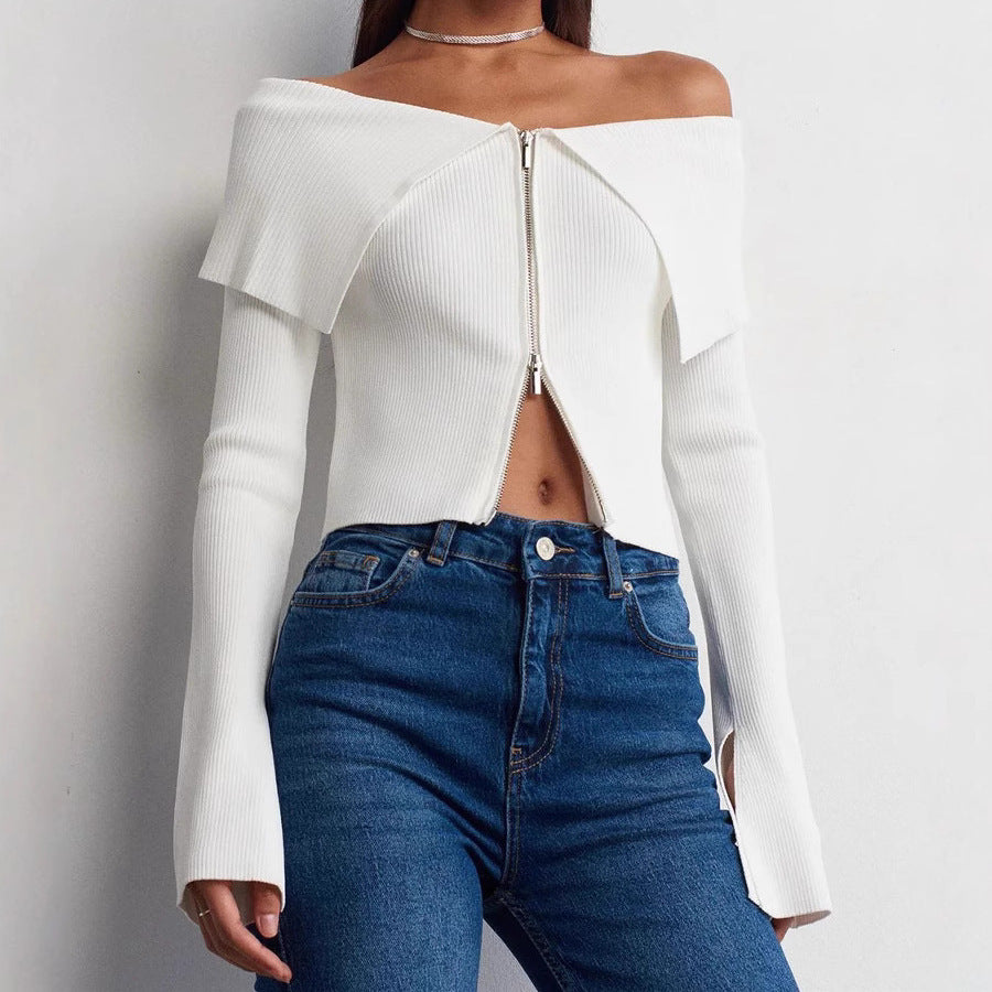 Haut de femme cropped avec décolleté large et fermeture éclair Chic und Stil