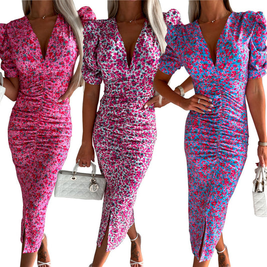 Robe midi florale flirty pour femmes avec des manches bouffantes Chic und Stil
