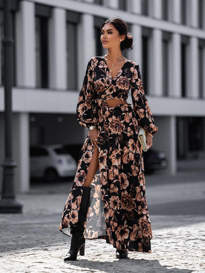 Robe maxi portefeuille pour femmes avec ceinture taille fixe et manches volantées raffinées Chic und Stil