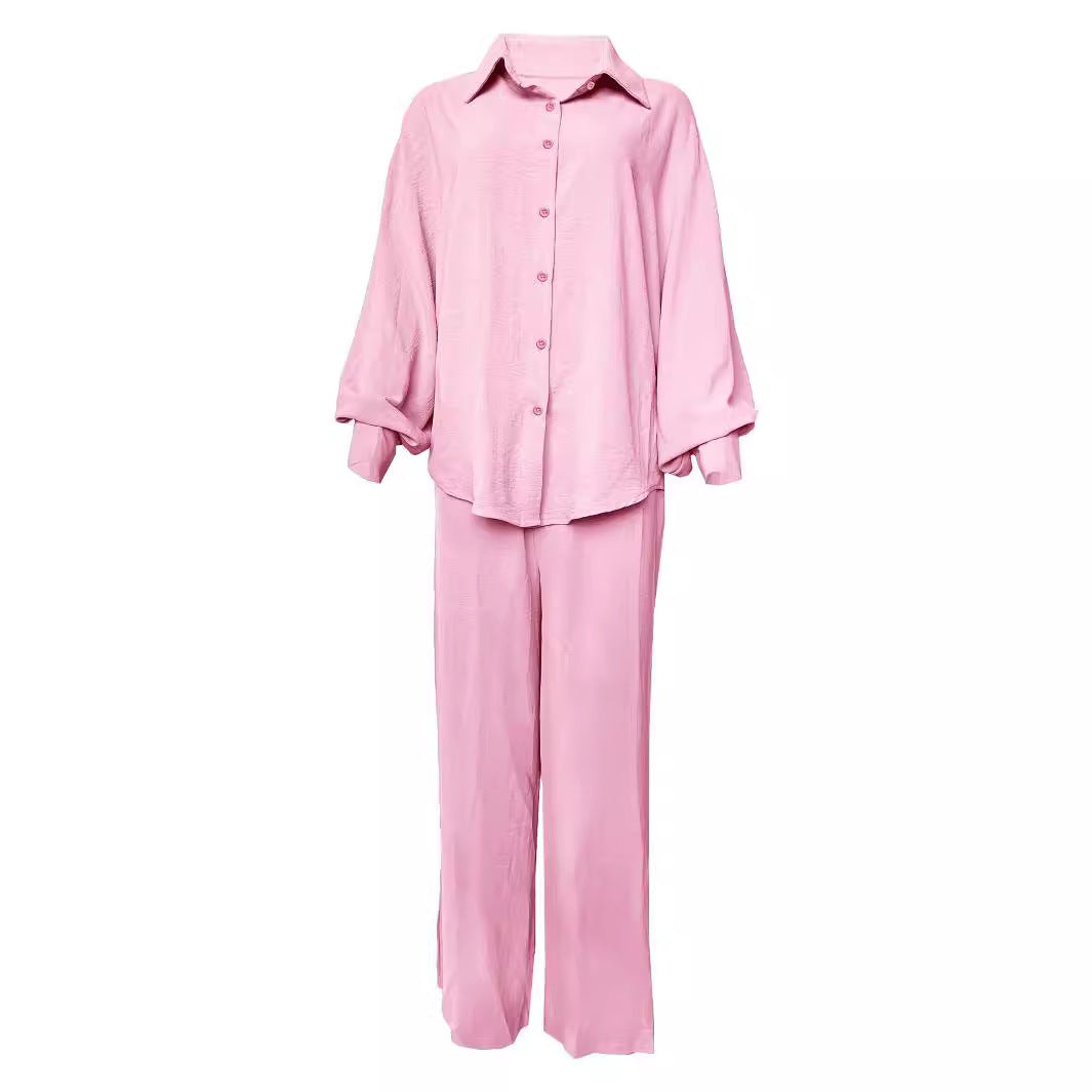 Dames Ensemble de blouse décontracté avec pantalon large et top à boutons Chic und Stil