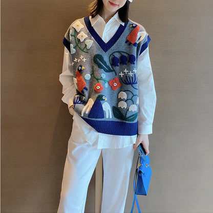 Artistic knitted vest for women with floral embroidery Chic and Style