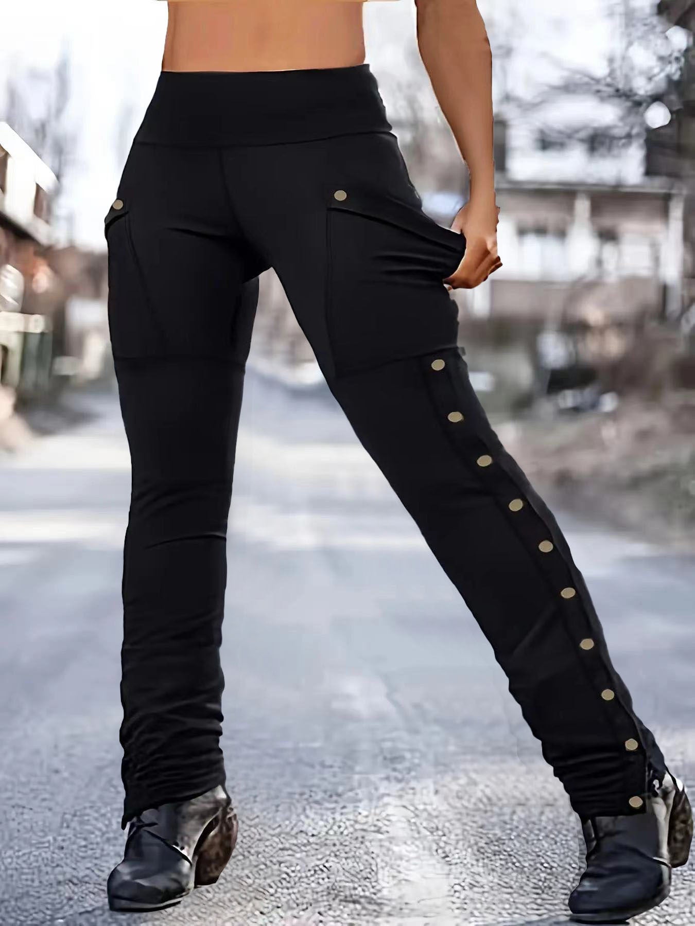 Women Elegant performance pants with practical pockets and chic side button details
