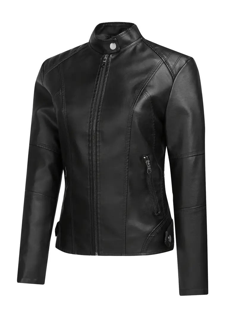 Biker leather jacket for women with asymmetric zipper and modern stand collar Chic and Style