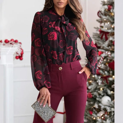 Blouse transparente dames avec design floral et col en nœud élégant Chic und Stil