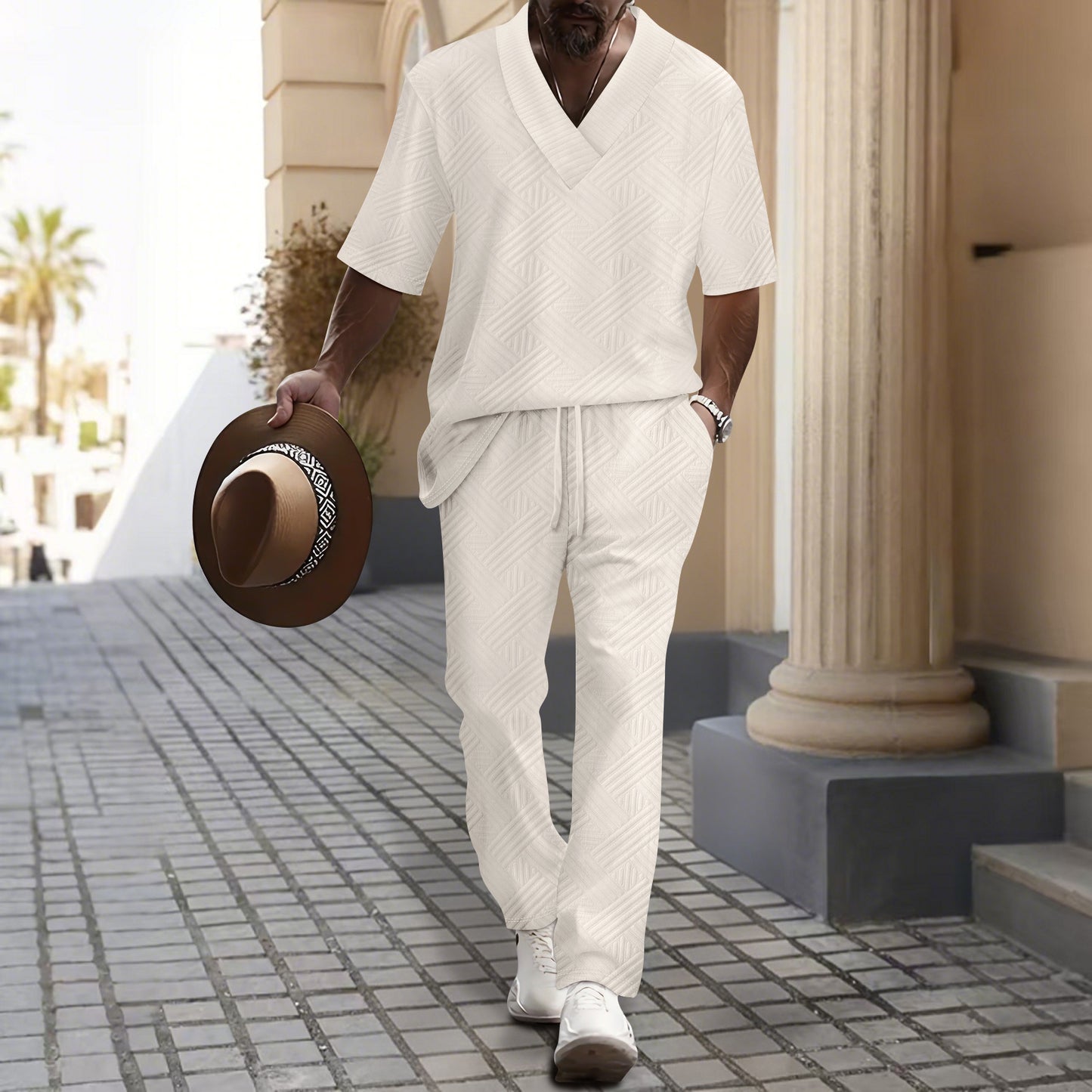 Costume de loisirs pour hommes avec décolleté en V luxueux et motif attrayant Chic und Stil