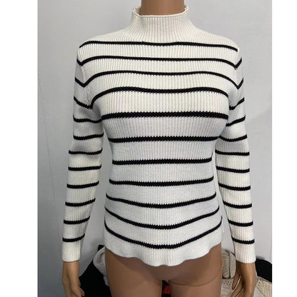 Pull en maille côtelée pour femmes avec col montant et motif rayé brodé Chic und Stil