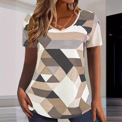 T-shirt dames col en V avec motif géométrique et matériau doux Chic und Stil
