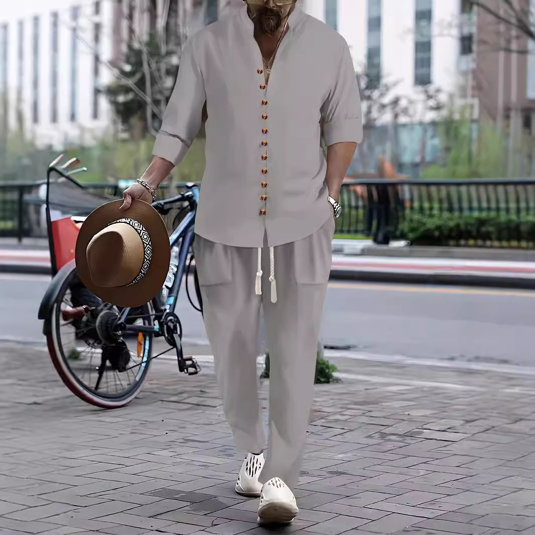 Men's Casual Button-Up Shirt and Relaxed Fit Pants Set Chic and Style